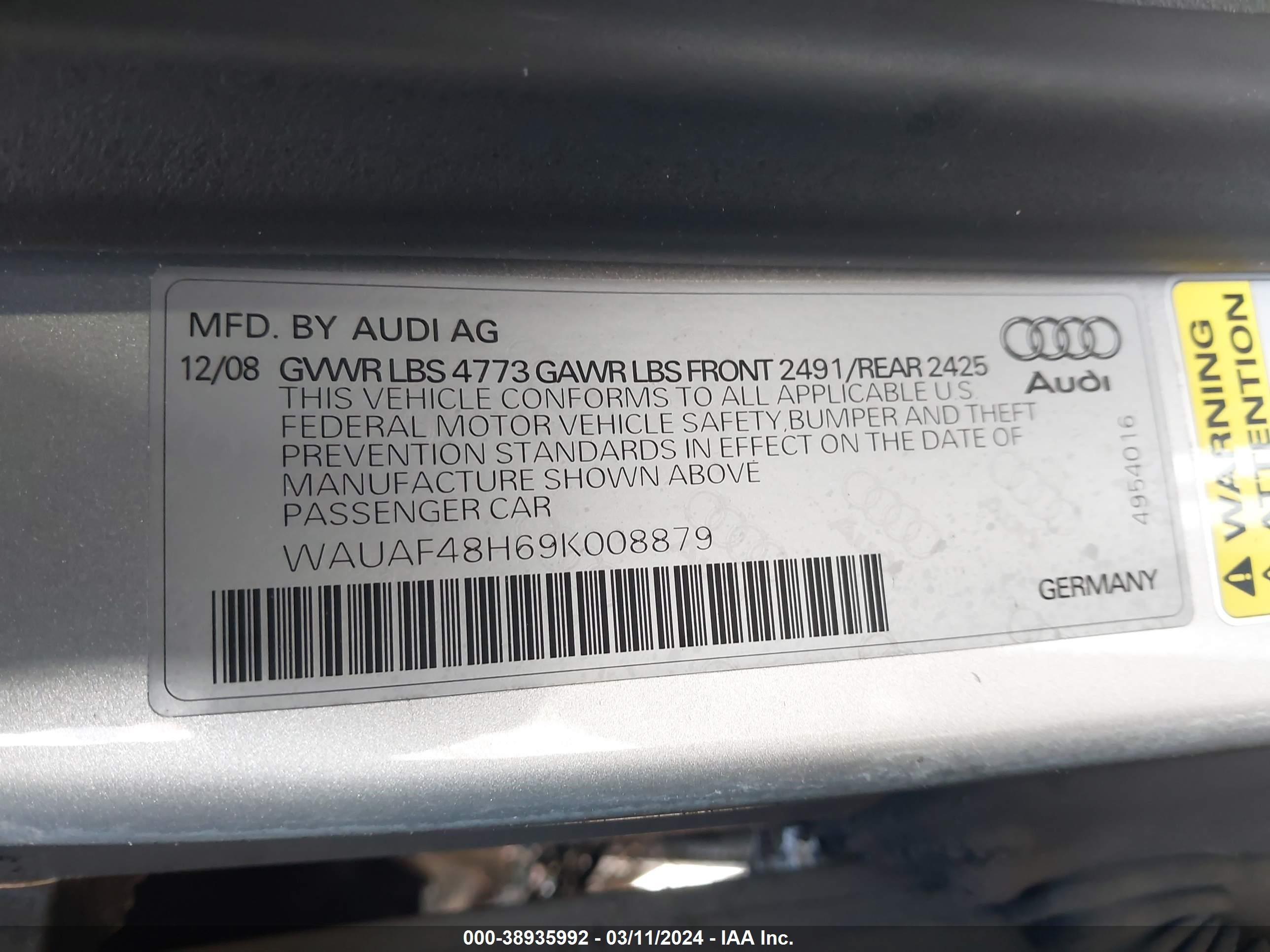 Photo 8 VIN: WAUAF48H69K008879 - AUDI A4 