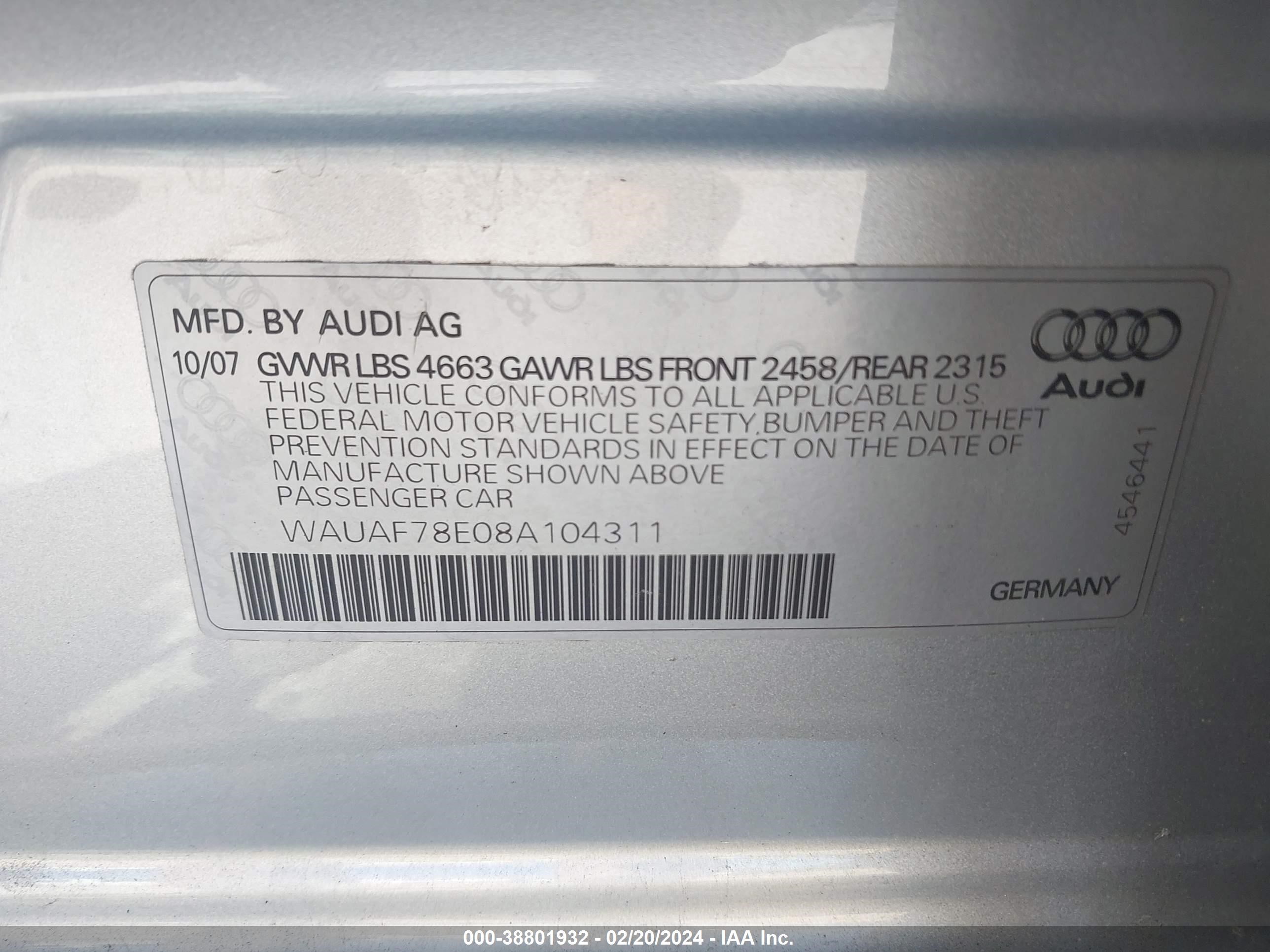 Photo 8 VIN: WAUAF78E08A104311 - AUDI A4 