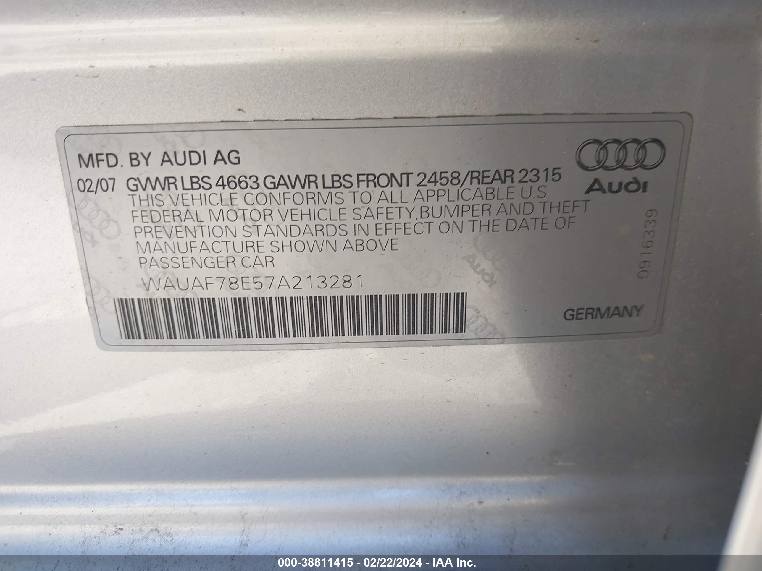 Photo 8 VIN: WAUAF78E57A213281 - AUDI A4 