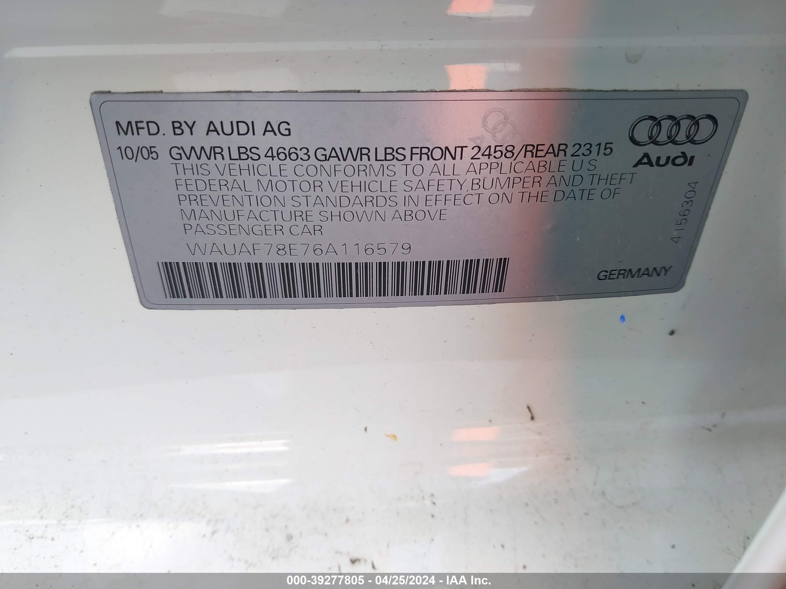 Photo 8 VIN: WAUAF78E76A116579 - AUDI A4 