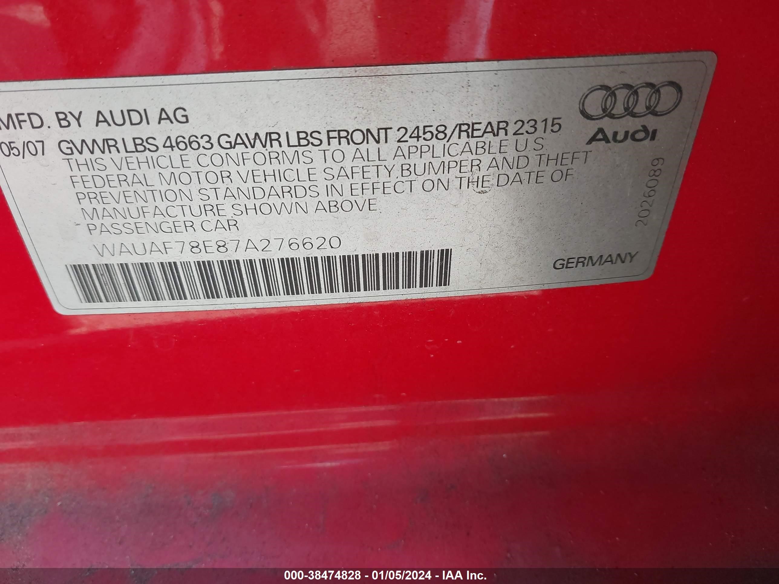 Photo 8 VIN: WAUAF78E87A276620 - AUDI A4 