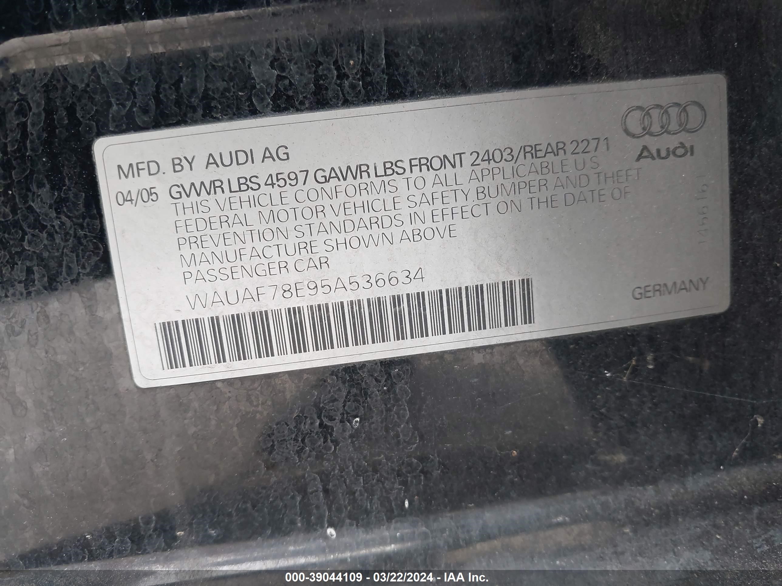 Photo 8 VIN: WAUAF78E95A536634 - AUDI A4 