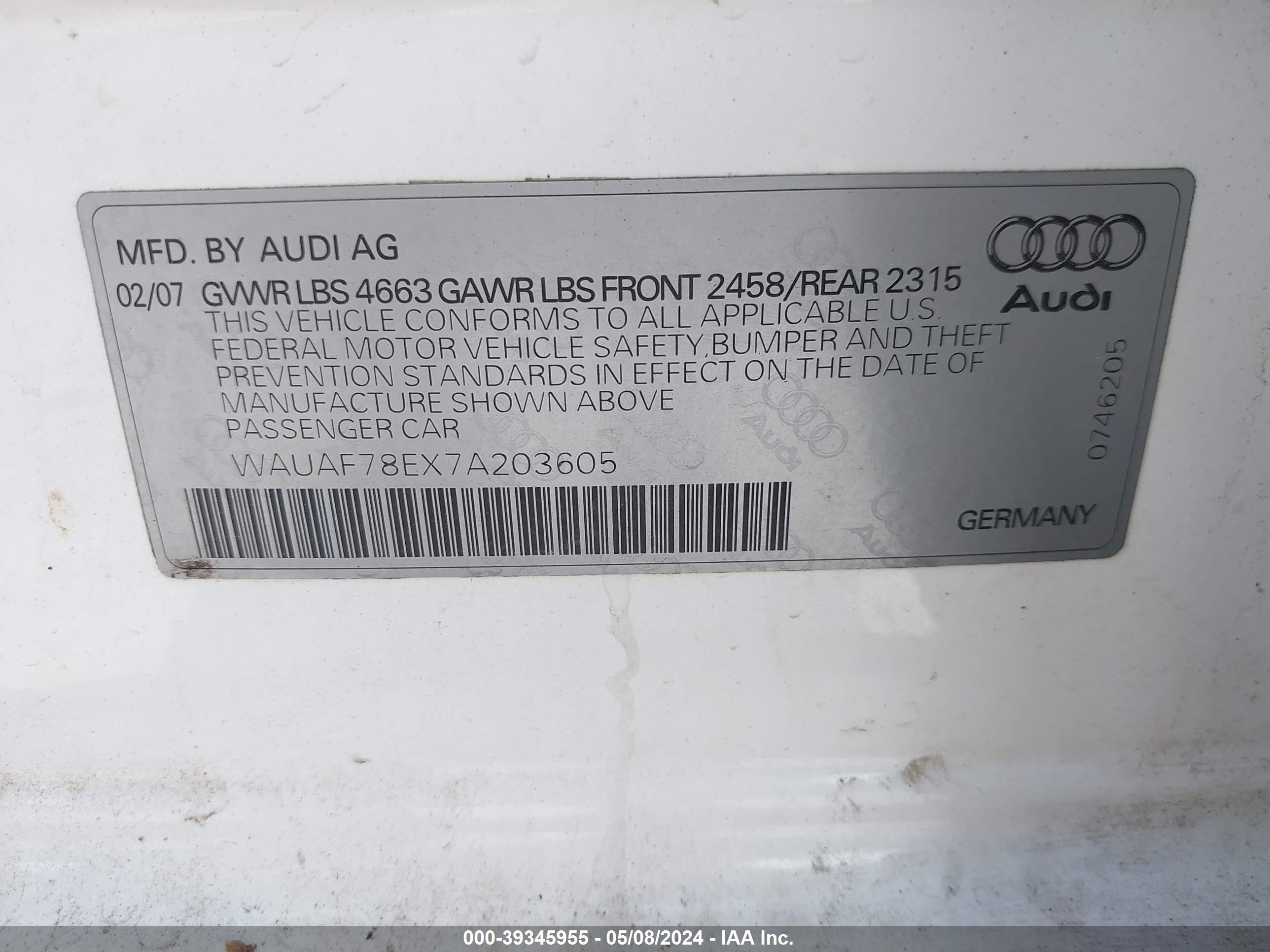 Photo 8 VIN: WAUAF78EX7A203605 - AUDI A4 