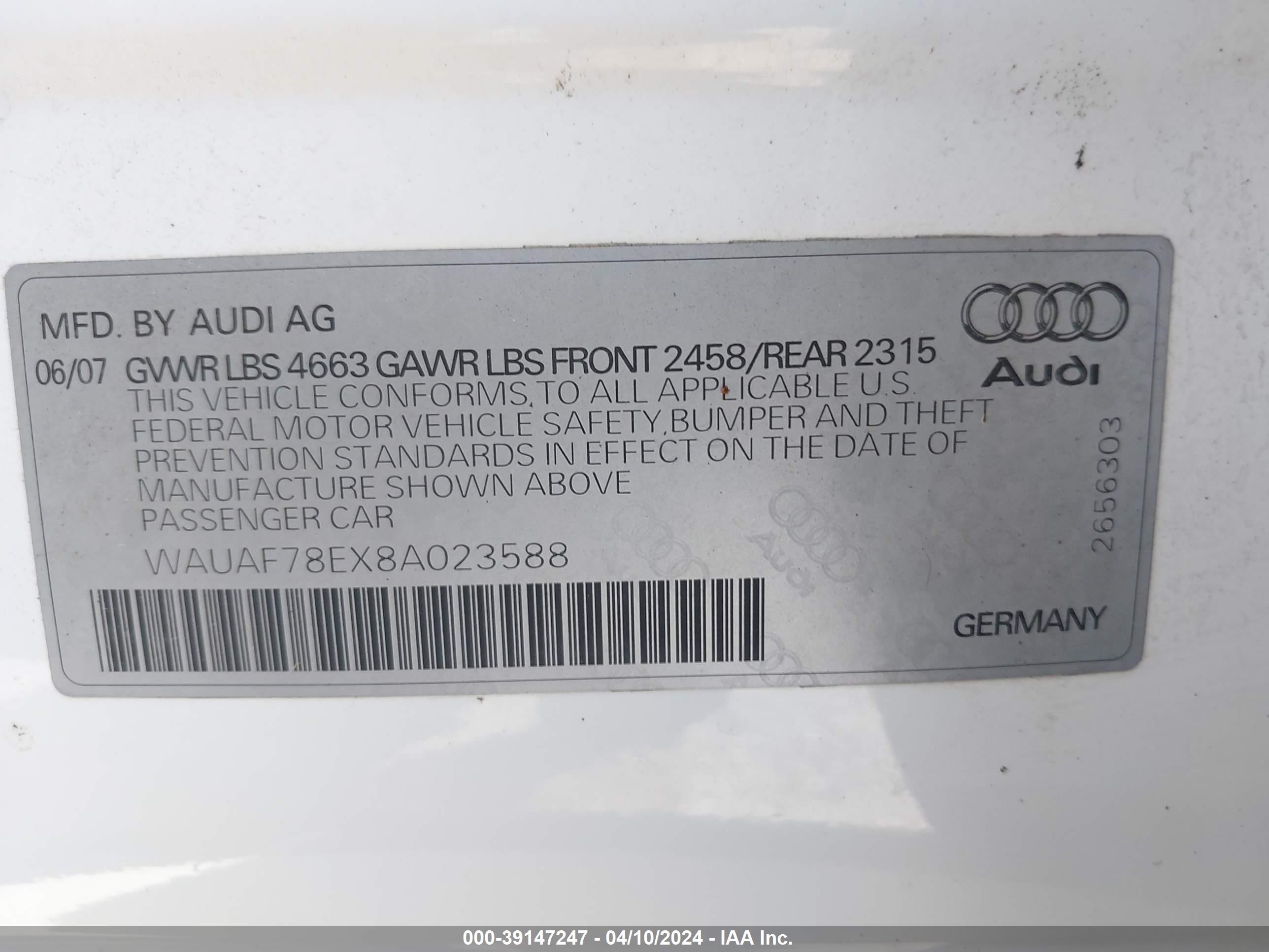 Photo 8 VIN: WAUAF78EX8A023588 - AUDI A4 