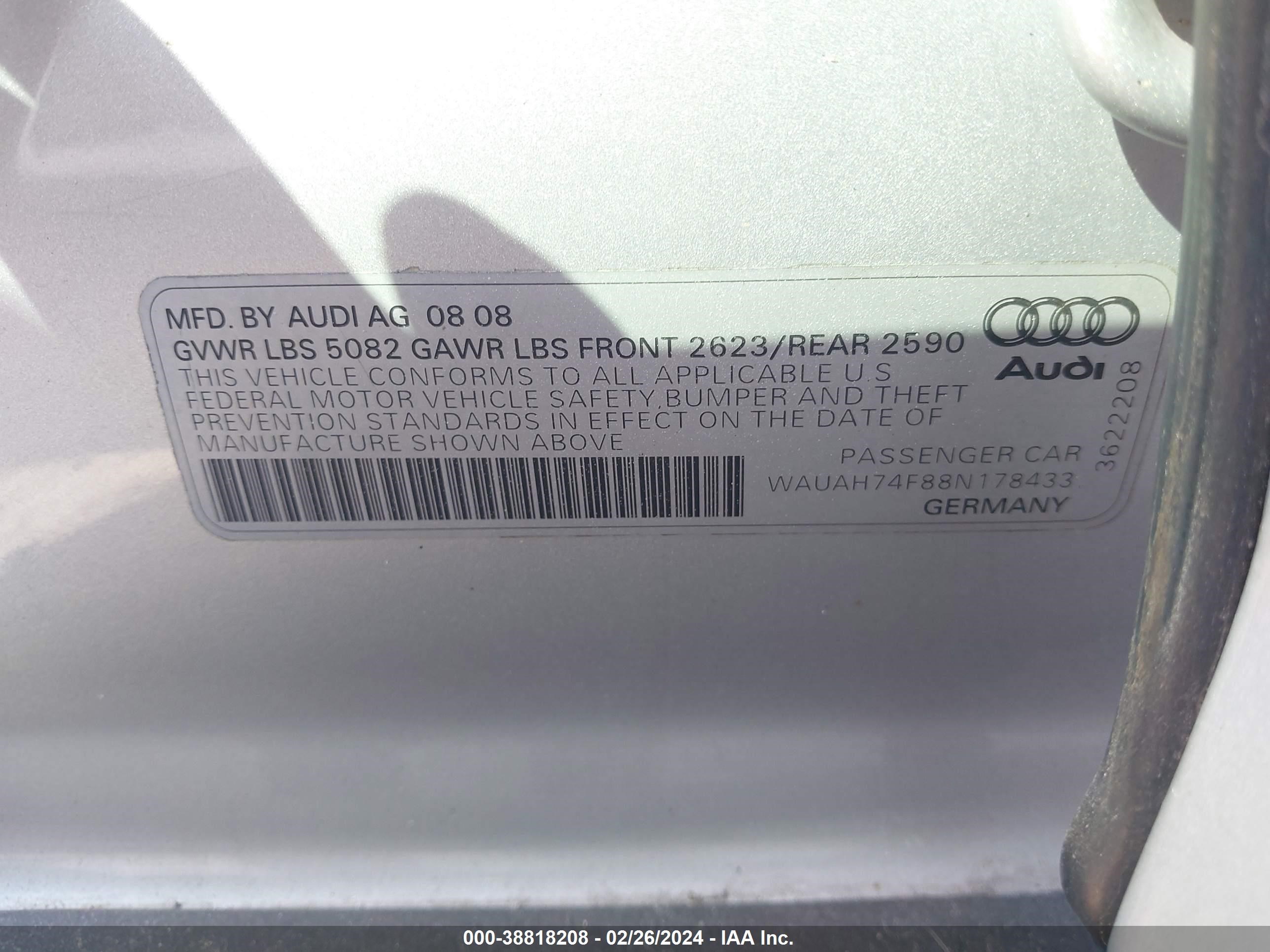 Photo 9 VIN: WAUAH74F88N178433 - AUDI A6 