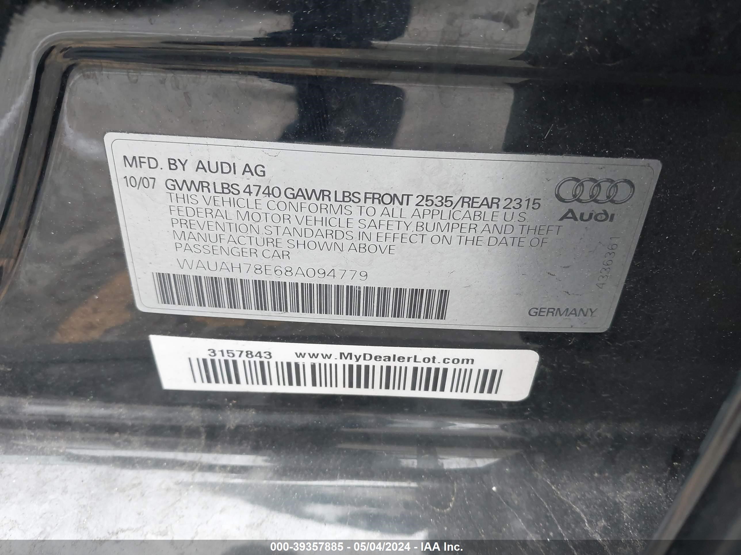 Photo 8 VIN: WAUAH78E68A094779 - AUDI A4 