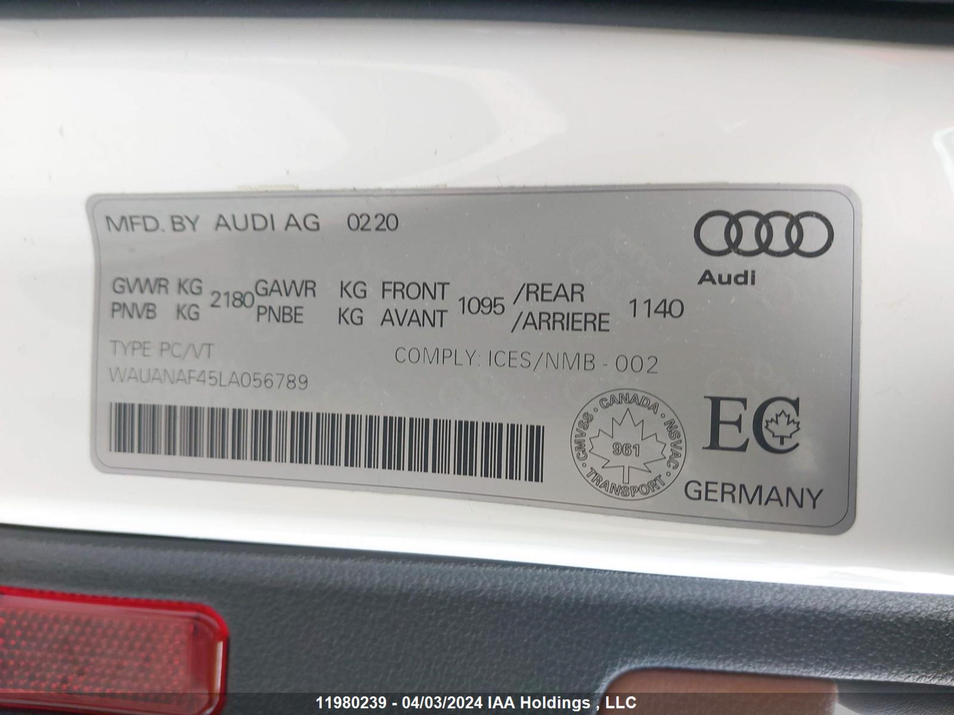 Photo 8 VIN: WAUANAF45LA056789 - AUDI A4 