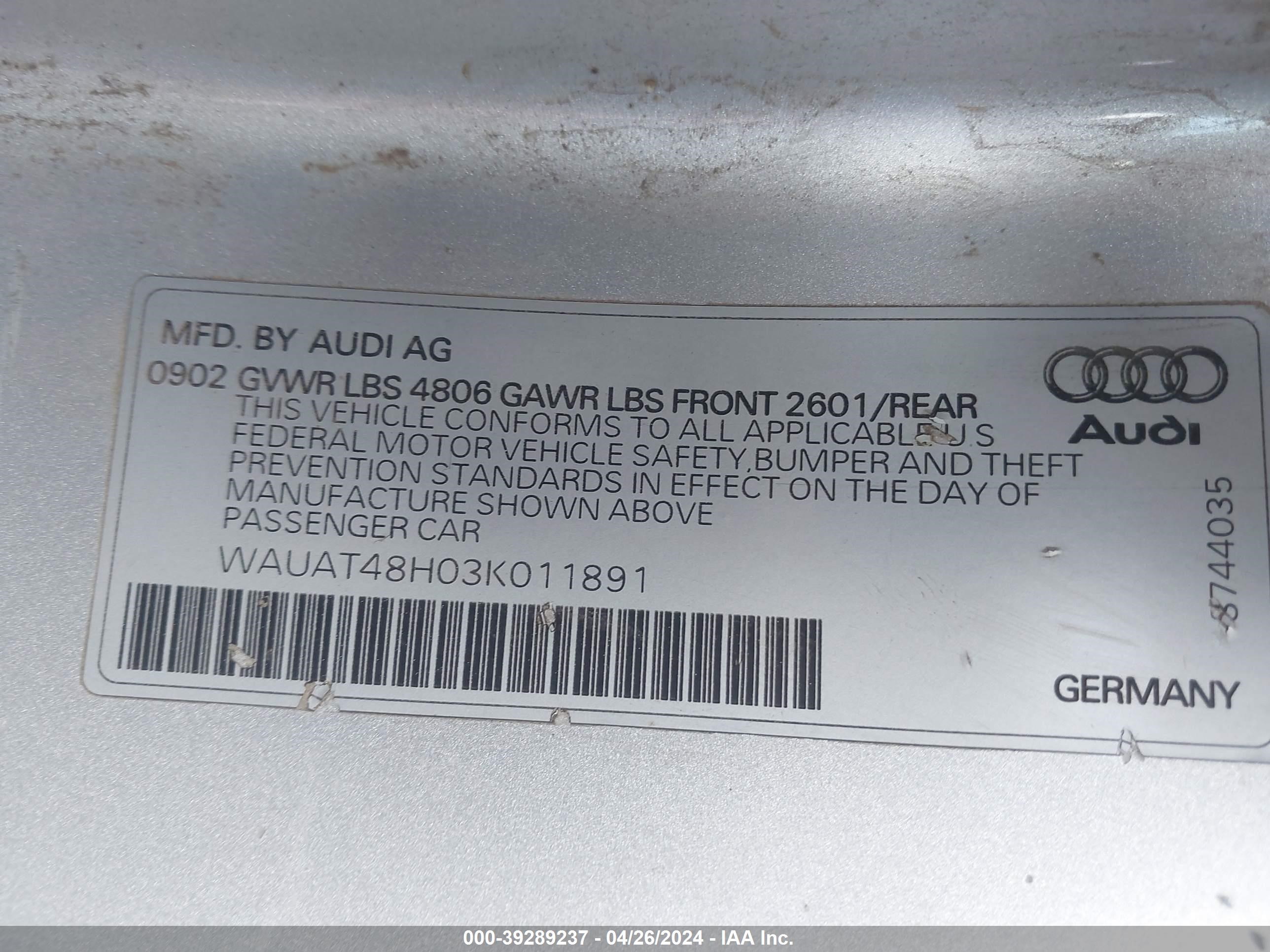 Photo 8 VIN: WAUAT48H03K011891 - AUDI A4 