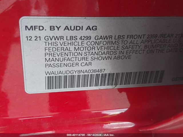 Photo 8 VIN: WAUAUDGY8NA038487 - AUDI A3 