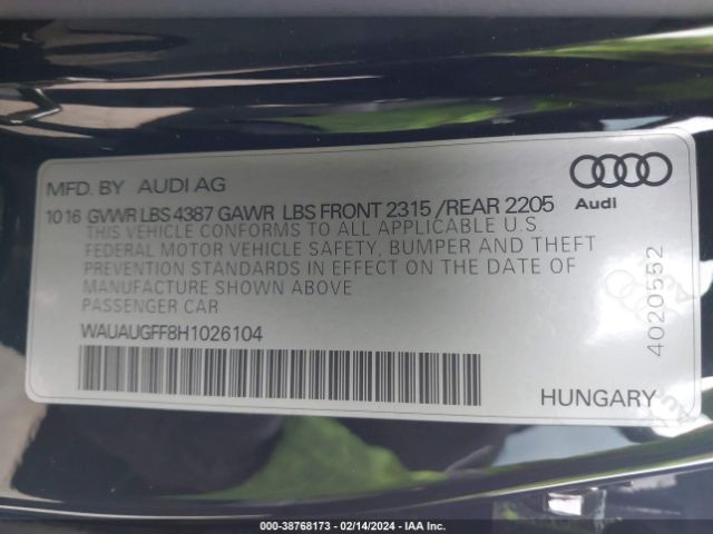 Photo 8 VIN: WAUAUGFF8H1026104 - AUDI A3 