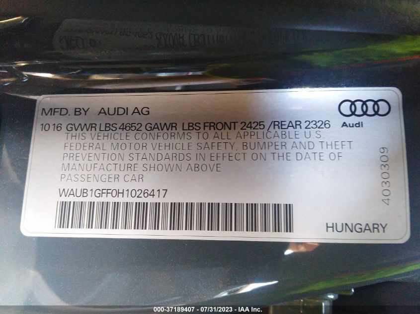 Photo 8 VIN: WAUB1GFF0H1026417 - AUDI S3 