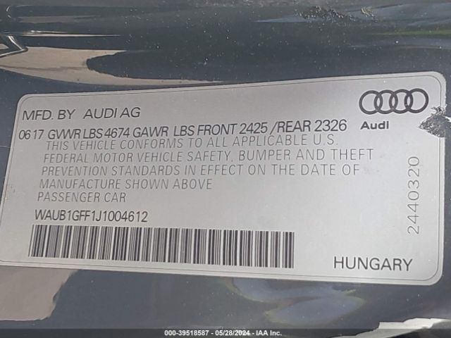 Photo 8 VIN: WAUB1GFF1J1004612 - AUDI S3 