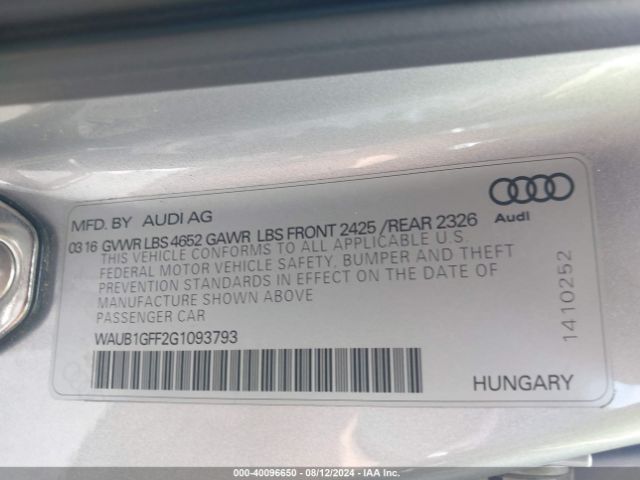 Photo 8 VIN: WAUB1GFF2G1093793 - AUDI S3 