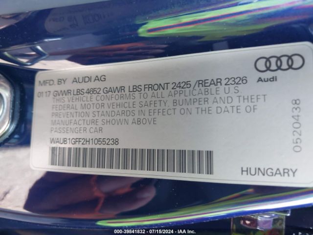 Photo 8 VIN: WAUB1GFF2H1055238 - AUDI S3 