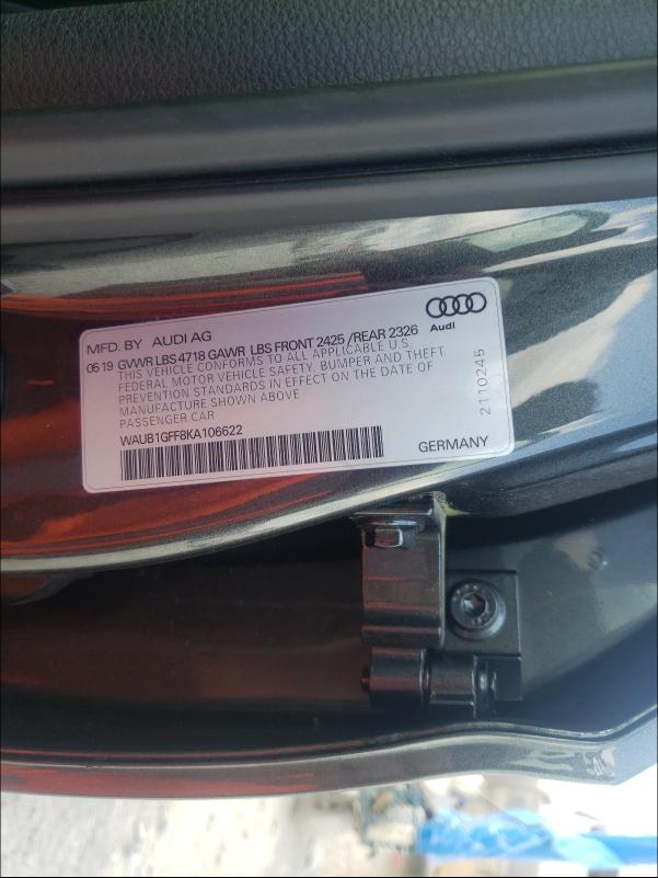 Photo 9 VIN: WAUB1GFF8KA106622 - AUDI S3 PREMIUM 