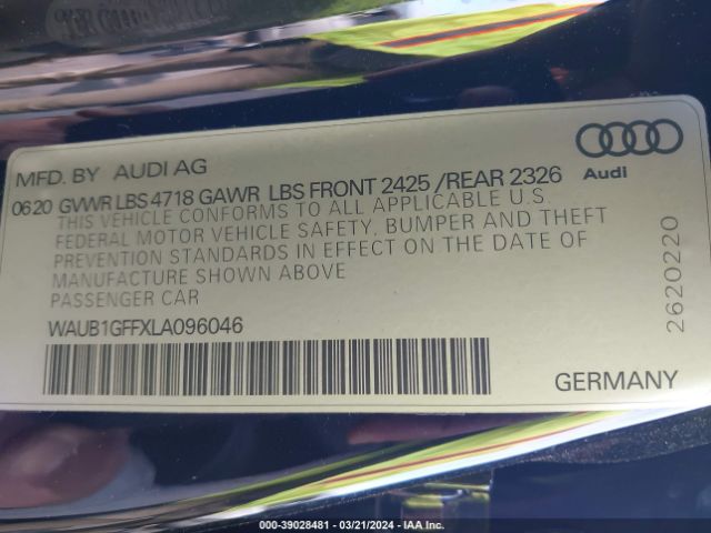 Photo 8 VIN: WAUB1GFFXLA096046 - AUDI S3 