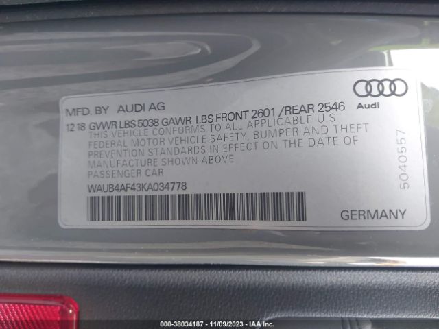 Photo 8 VIN: WAUB4AF43KA034778 - AUDI S4 