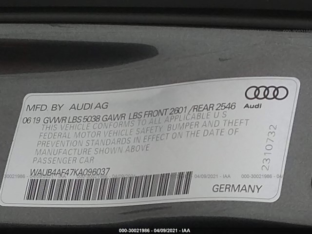 Photo 8 VIN: WAUB4AF47KA096037 - AUDI S4 