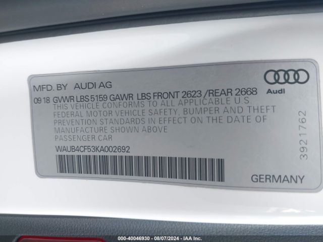 Photo 8 VIN: WAUB4CF53KA002692 - AUDI S5 