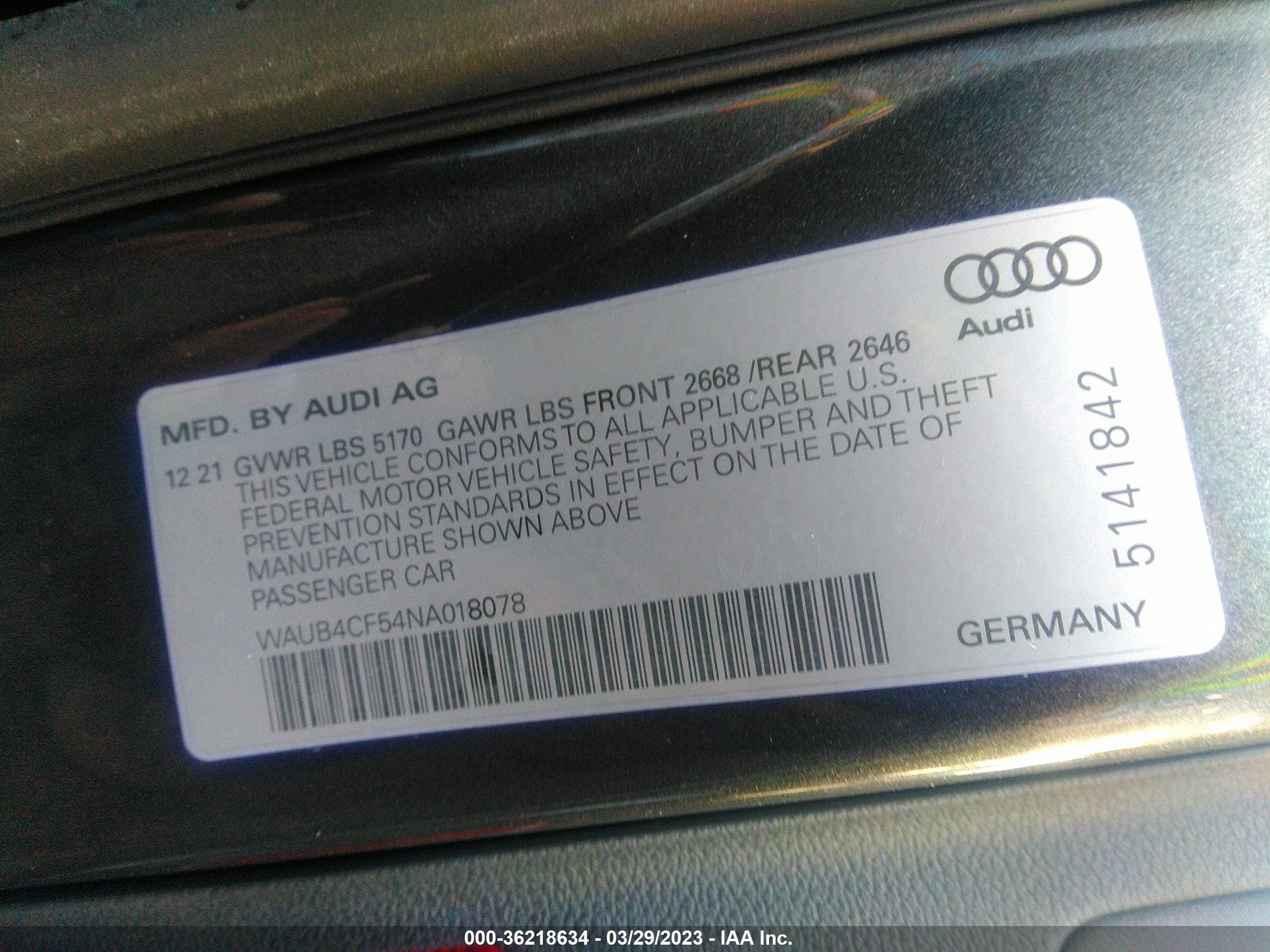 Photo 8 VIN: WAUB4CF54NA018078 - AUDI S5 