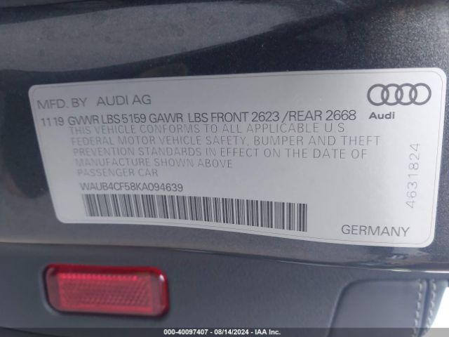 Photo 8 VIN: WAUB4CF58KA094639 - AUDI S5 