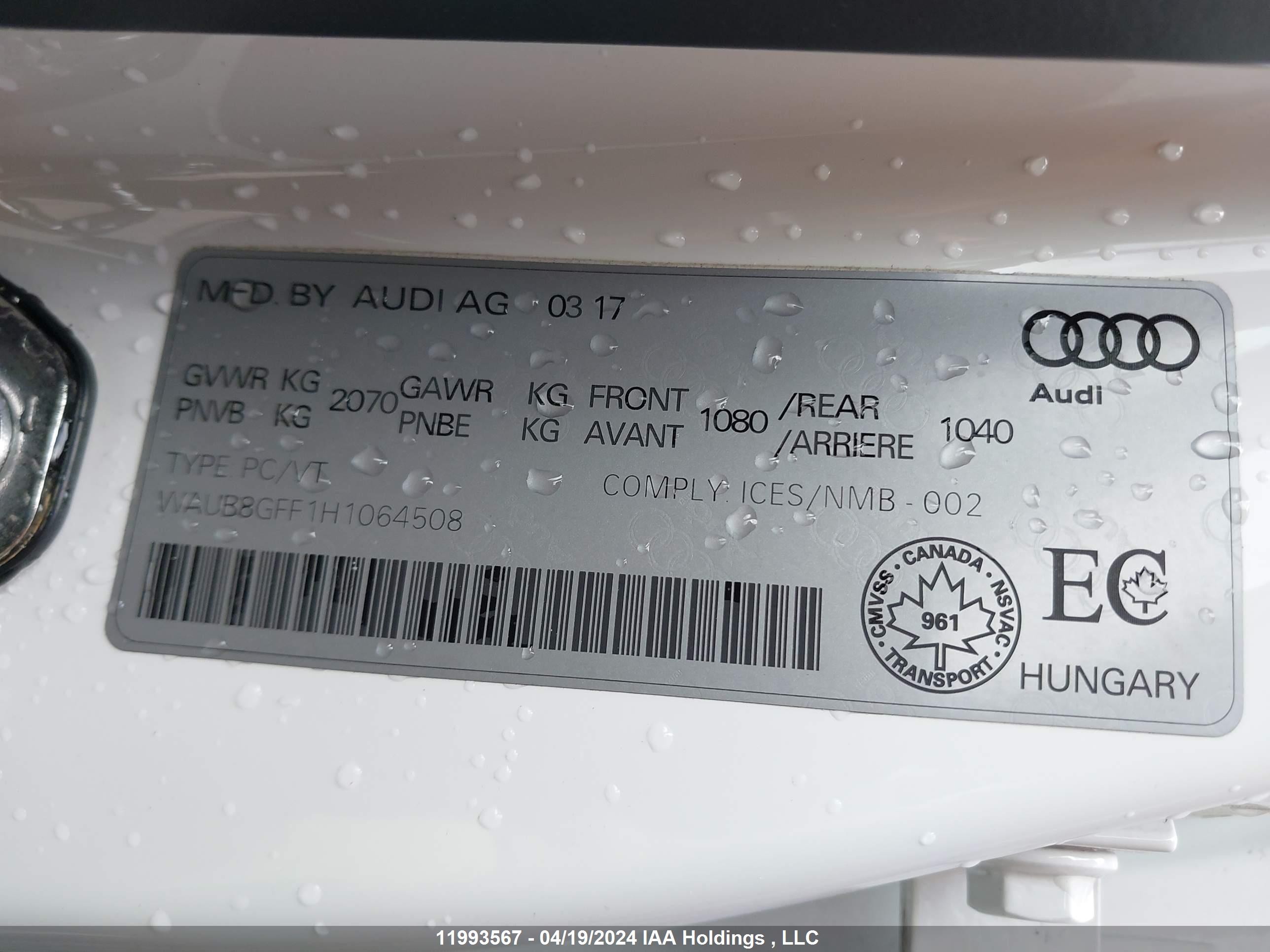 Photo 8 VIN: WAUB8GFF1H1064508 - AUDI A3 