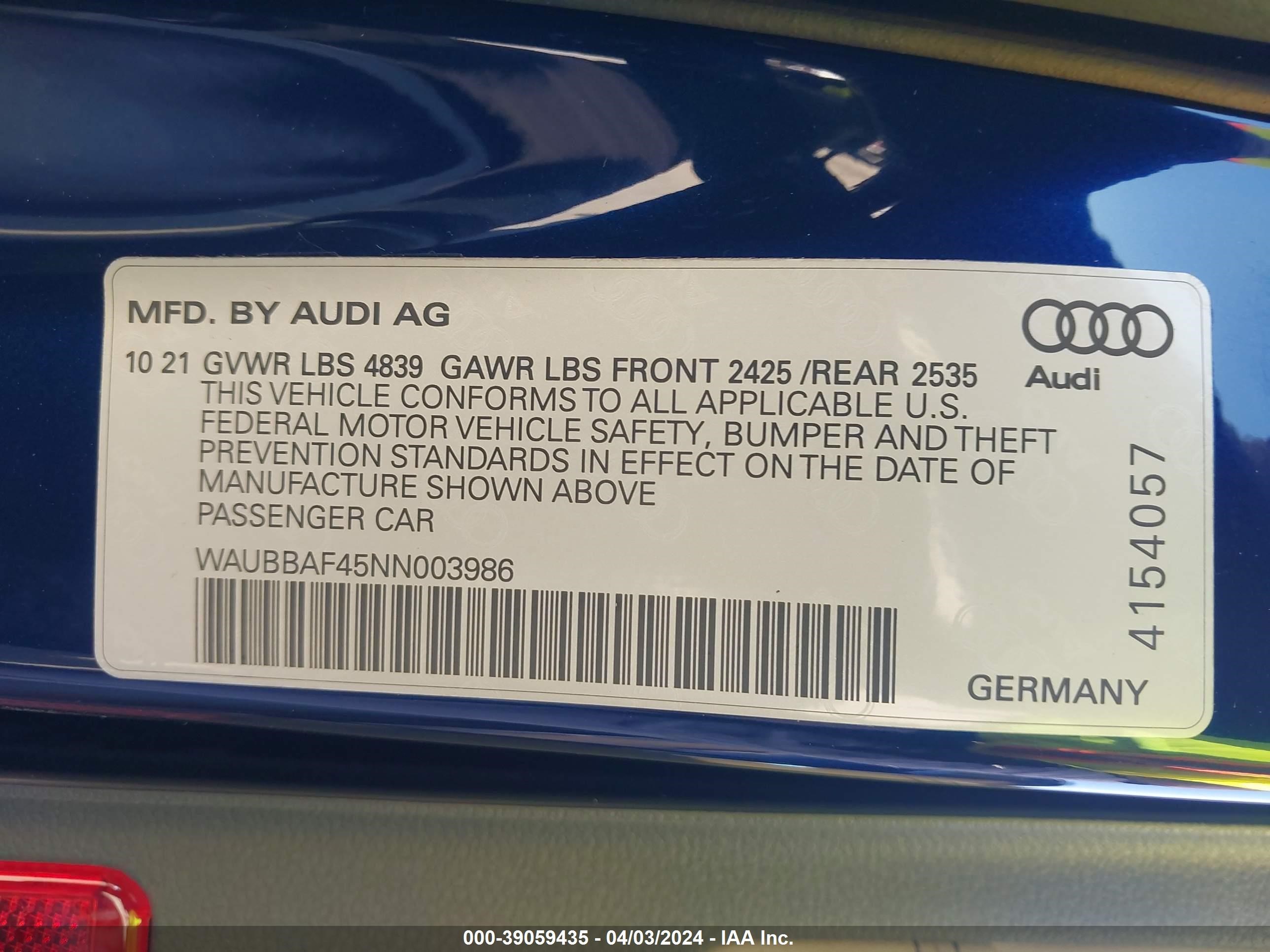 Photo 8 VIN: WAUBBAF45NN003986 - AUDI A4 PREMIUM 