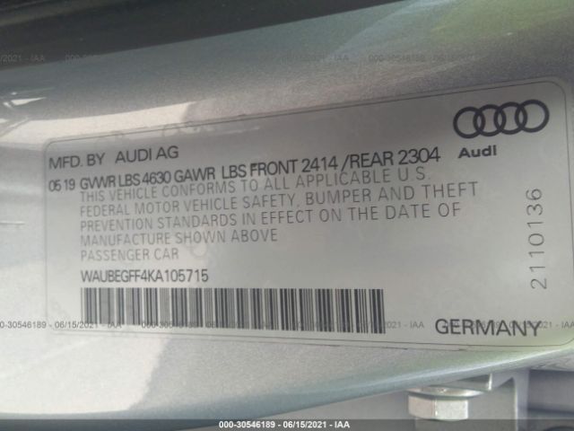 Photo 8 VIN: WAUBEGFF4KA105715 - AUDI A3 SEDAN 