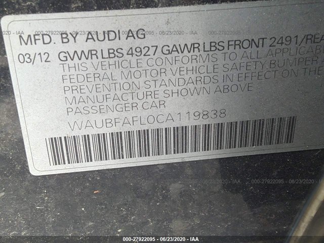 Photo 8 VIN: WAUBFAFL0CA119838 - AUDI A4 