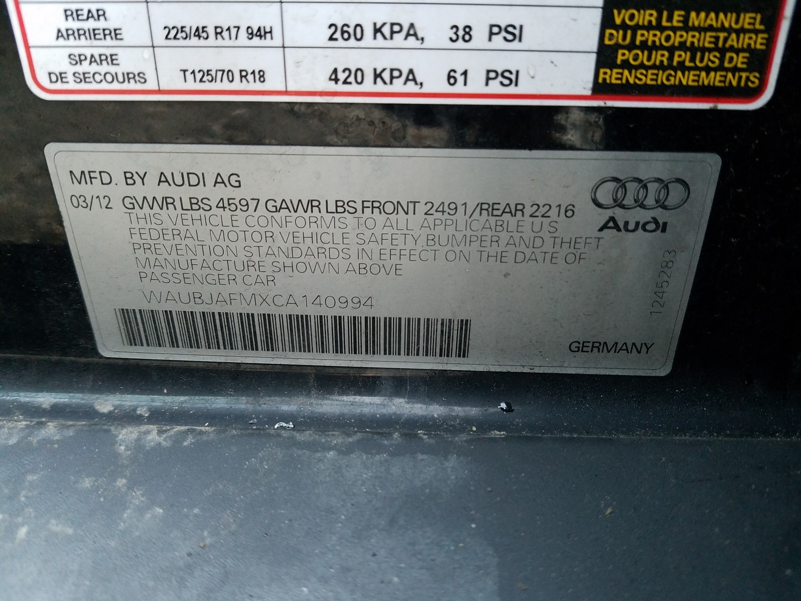 Photo 9 VIN: WAUBJAFMXCA140994 - AUDI A3 PREMIUM 