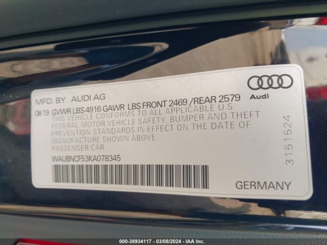 Photo 8 VIN: WAUBNCF53KA078345 - AUDI A5 