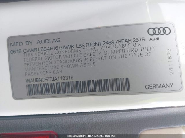 Photo 8 VIN: WAUBNCF57JA119316 - AUDI A5 