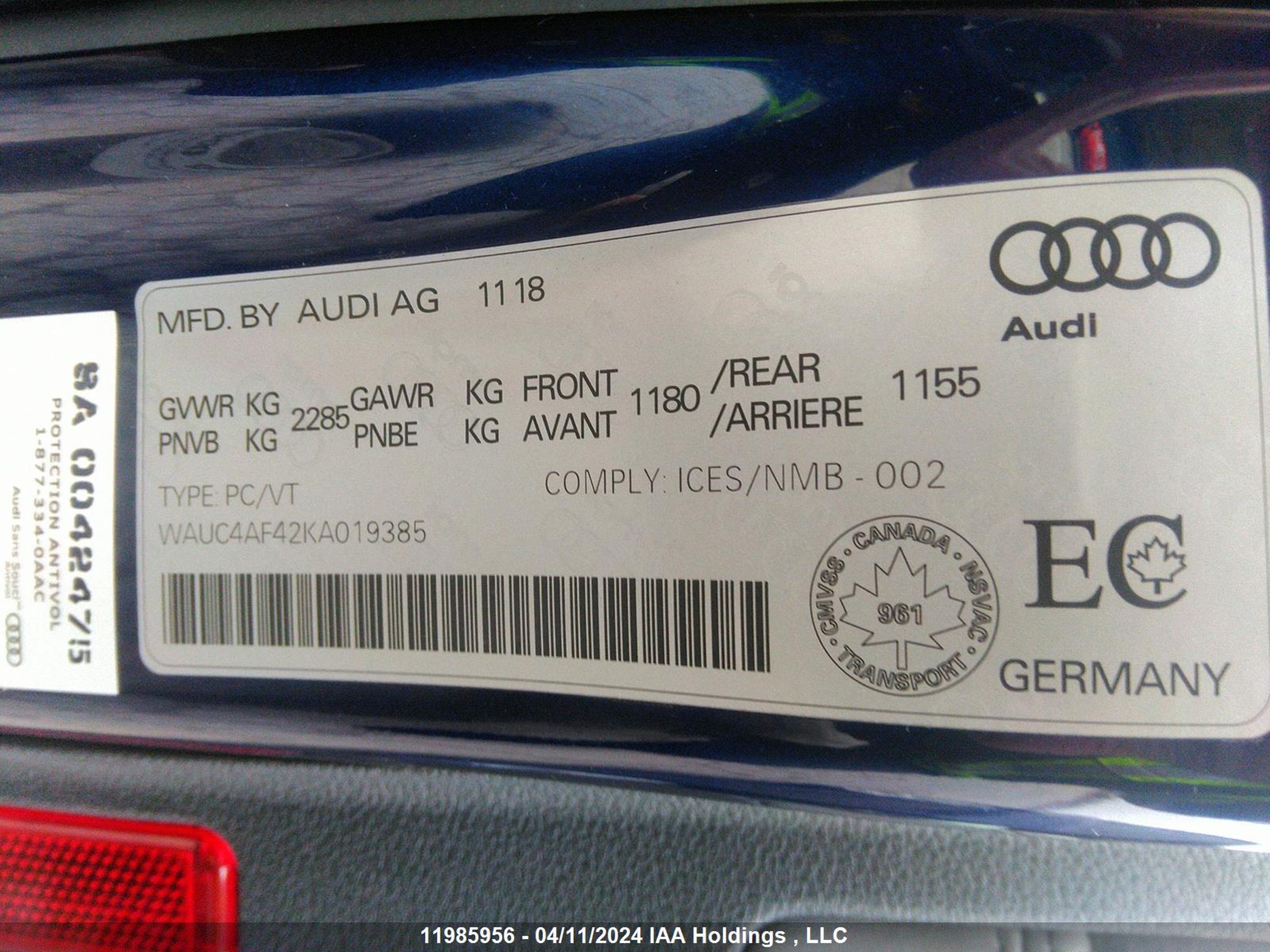 Photo 8 VIN: WAUC4AF42KA019385 - AUDI S4 