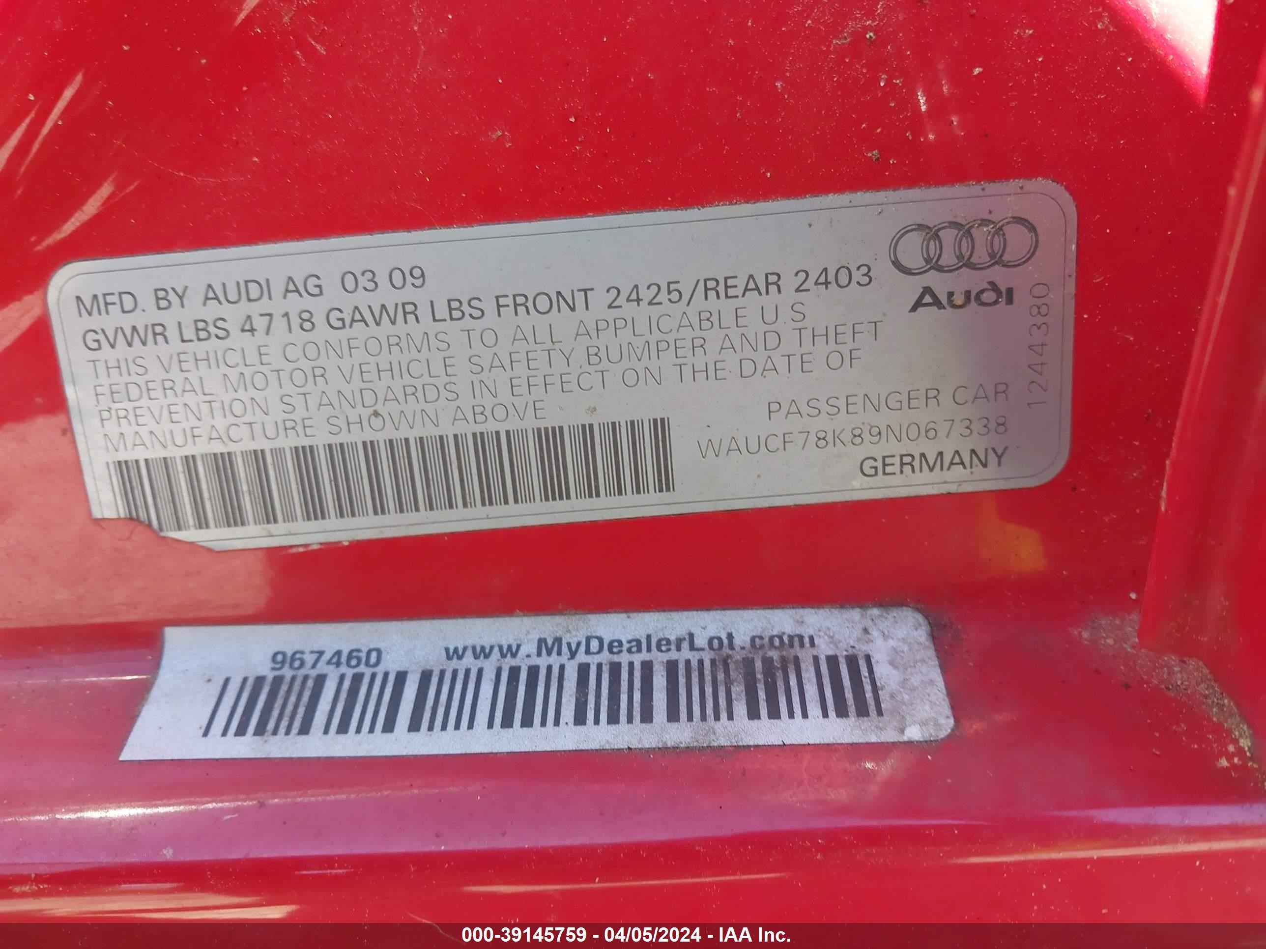 Photo 8 VIN: WAUCF78K89N067338 - AUDI A4 