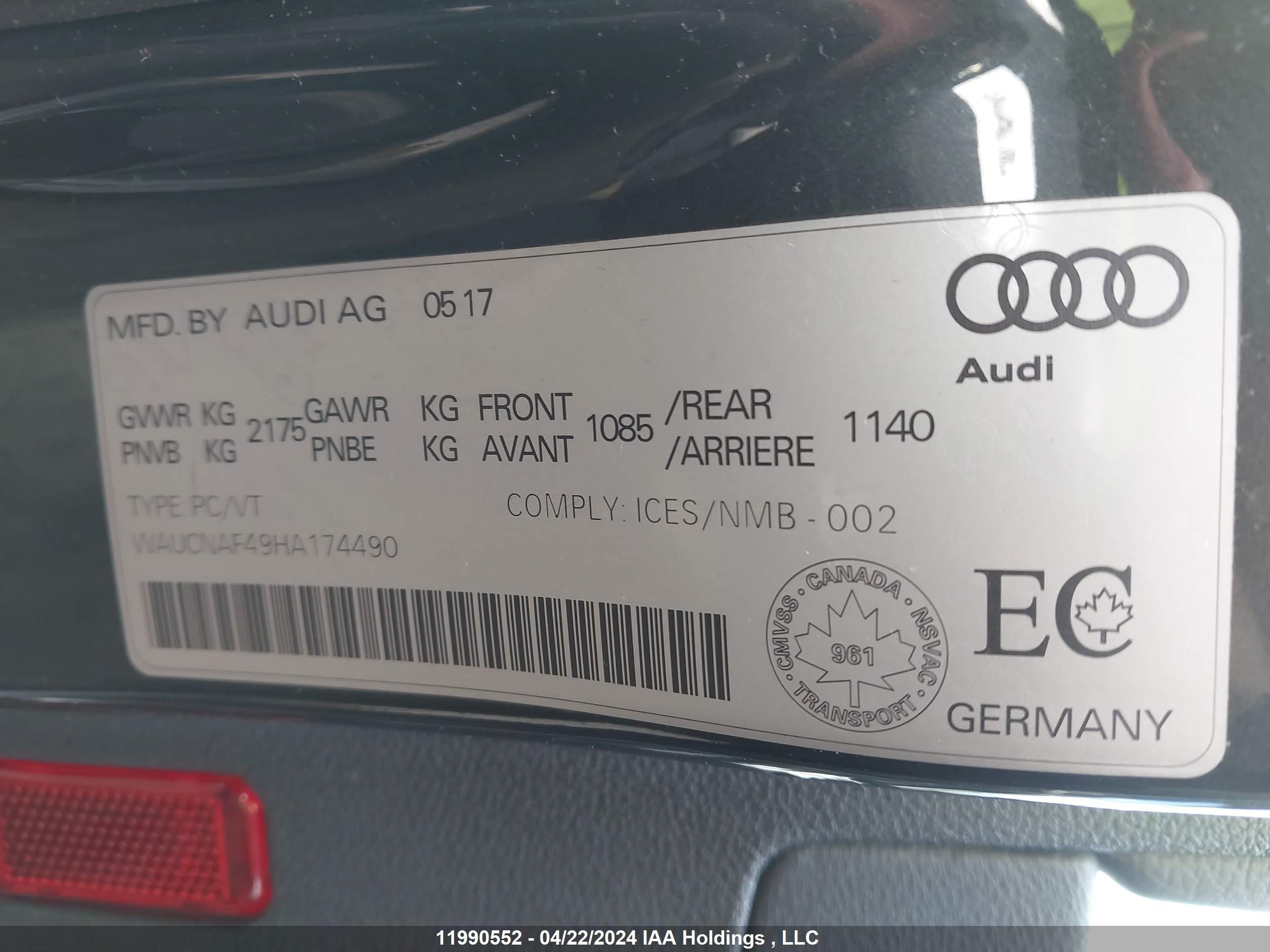 Photo 8 VIN: WAUCNAF49HA174490 - AUDI A4 