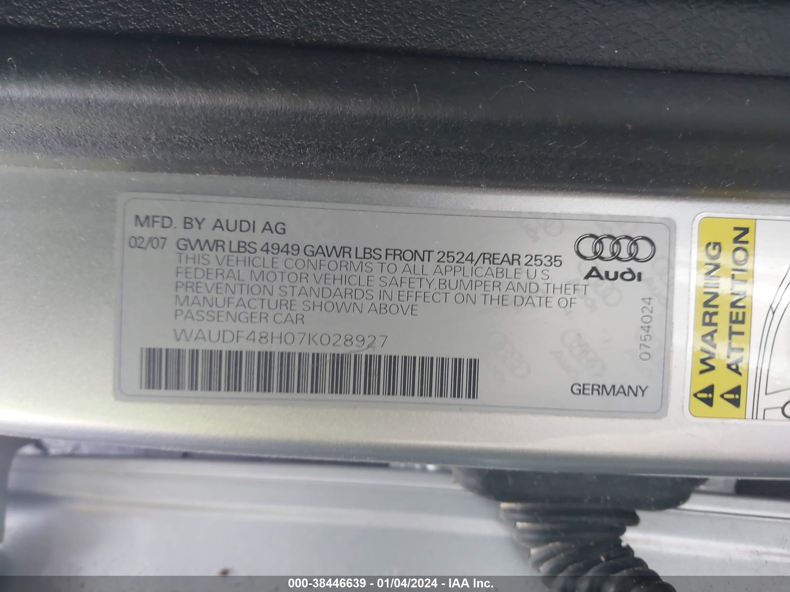 Photo 8 VIN: WAUDF48H07K028927 - AUDI A4 