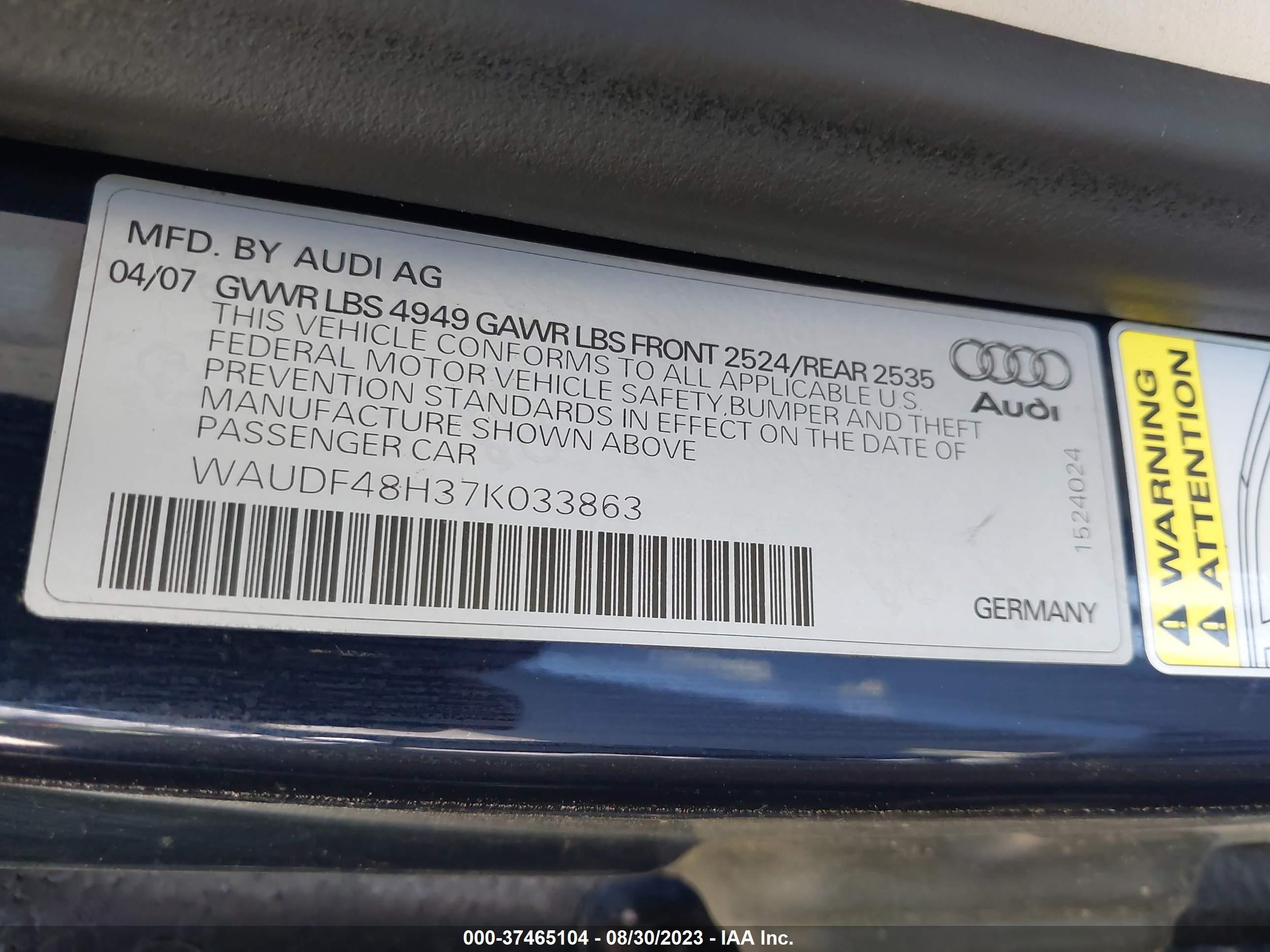 Photo 8 VIN: WAUDF48H37K033863 - AUDI A4 