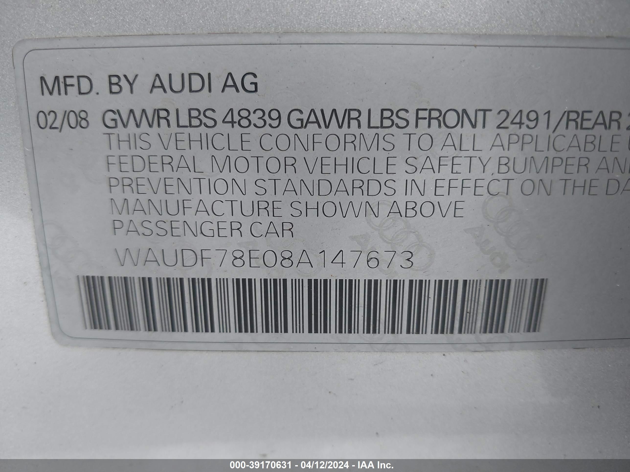 Photo 8 VIN: WAUDF78E08A147673 - AUDI A4 