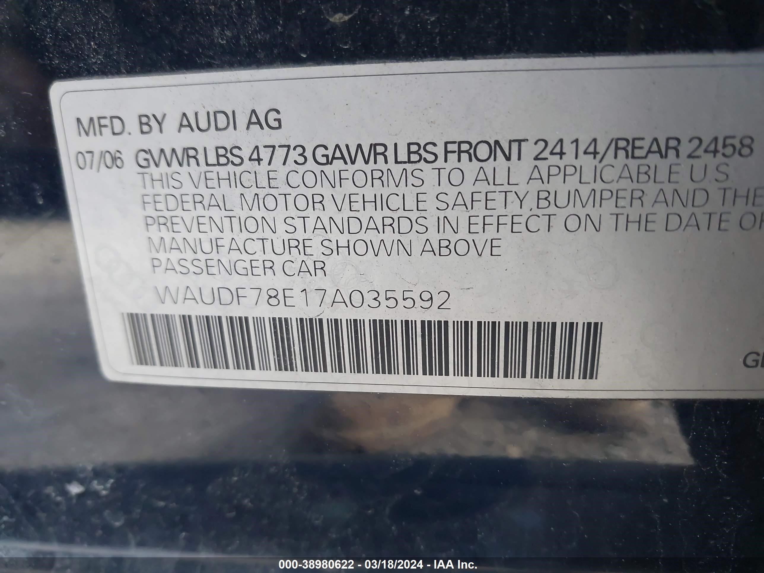 Photo 8 VIN: WAUDF78E17A035592 - AUDI A4 