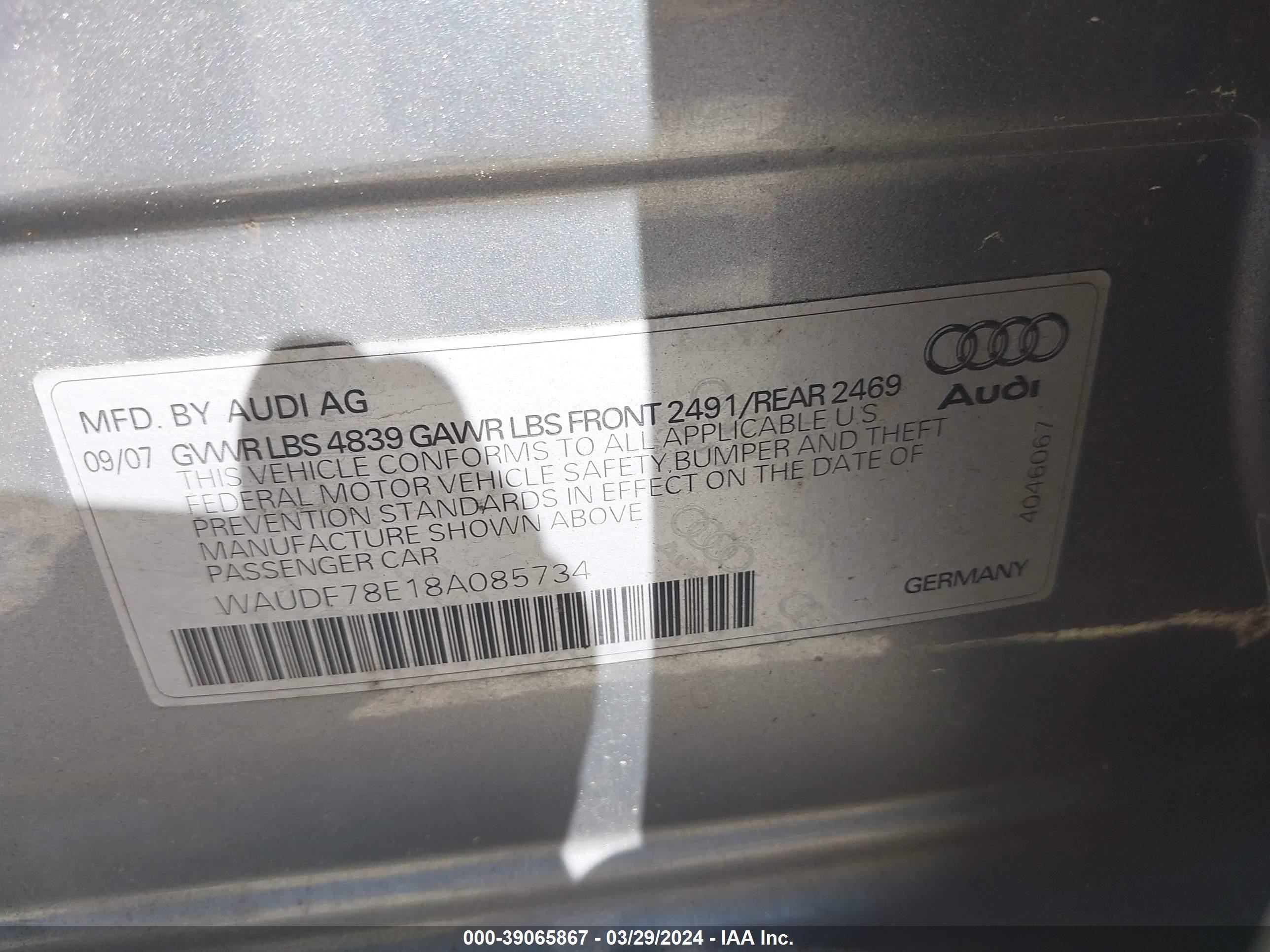 Photo 8 VIN: WAUDF78E18A085734 - AUDI A4 