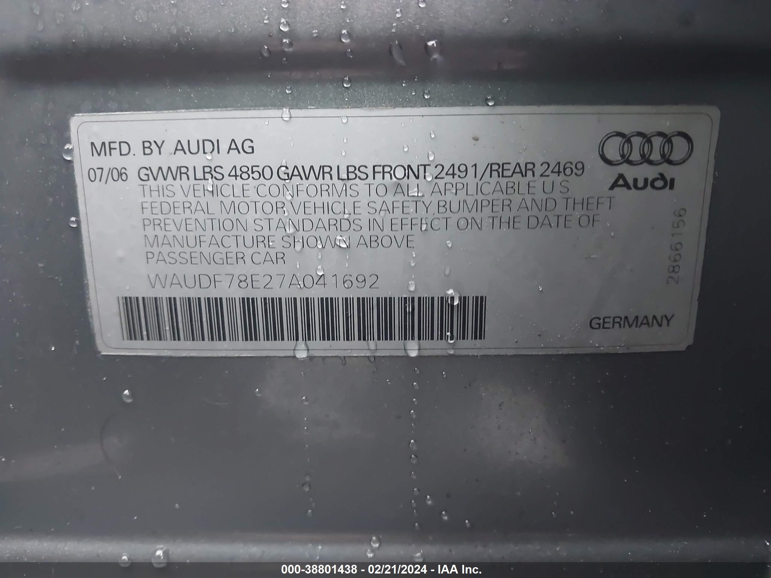 Photo 8 VIN: WAUDF78E27A041692 - AUDI A4 