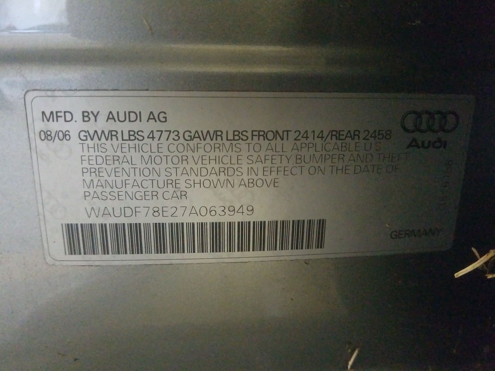 Photo 9 VIN: WAUDF78E27A063949 - AUDI A4 2.0T QU 