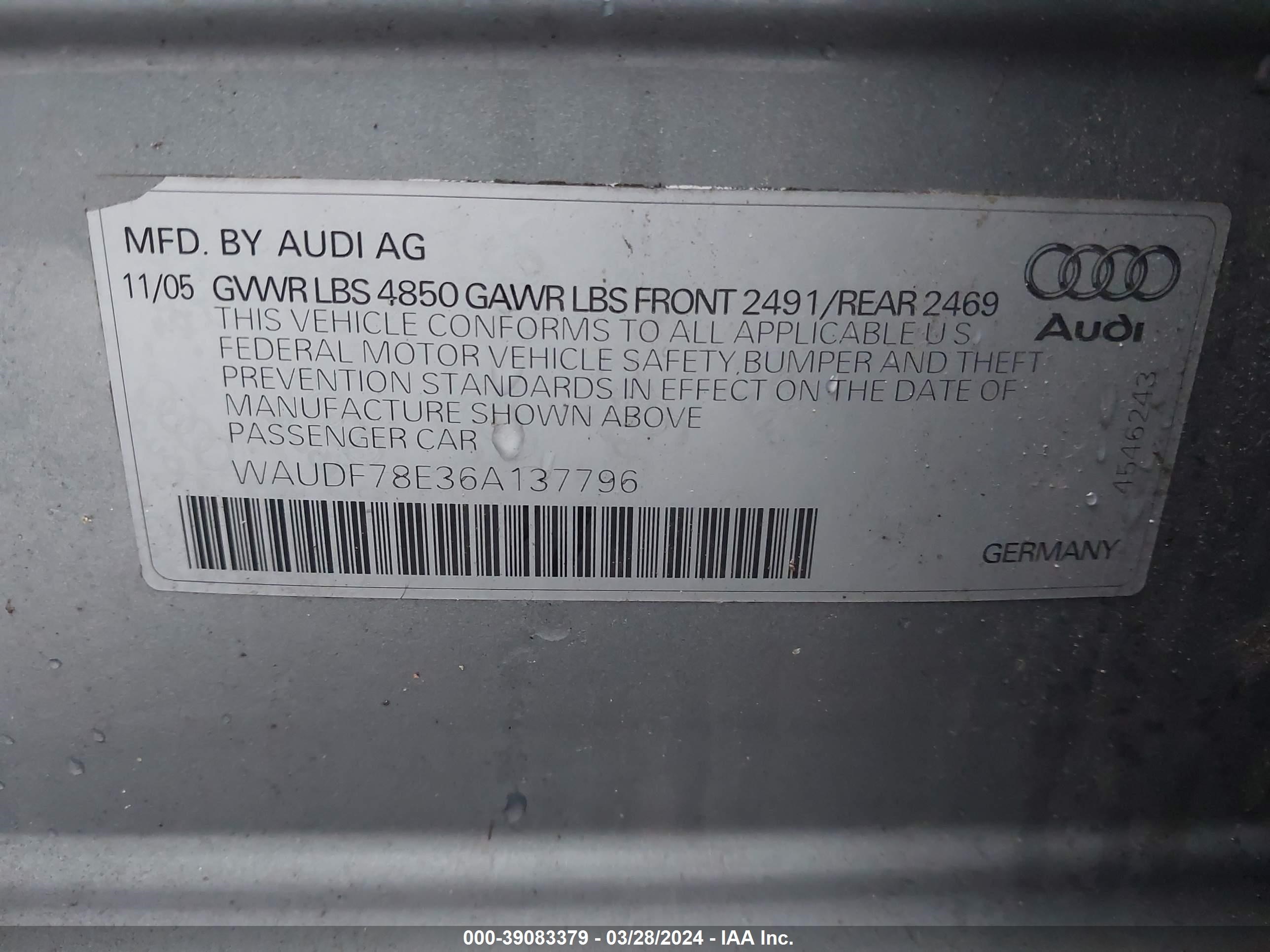 Photo 8 VIN: WAUDF78E36A137796 - AUDI A4 