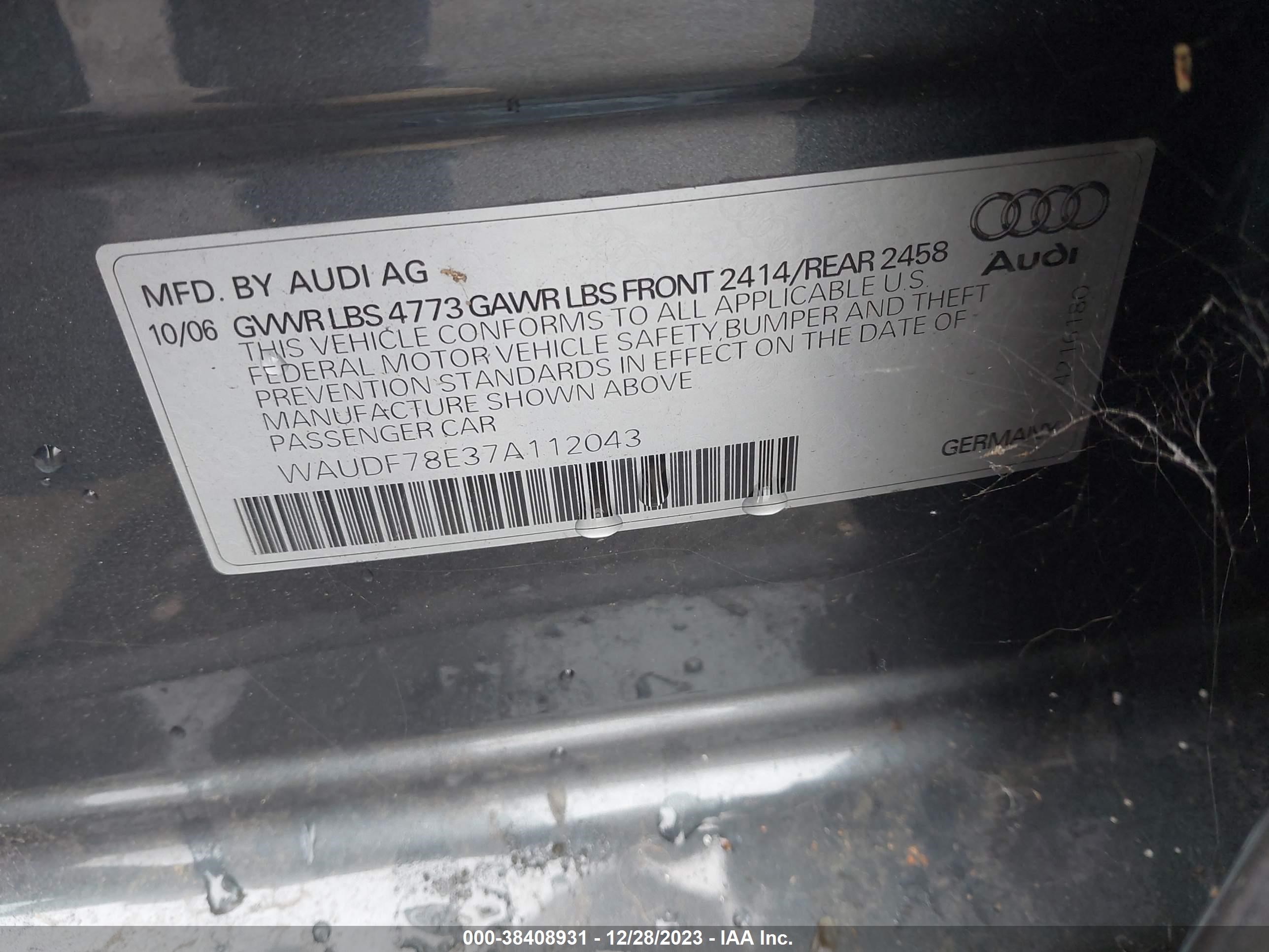 Photo 8 VIN: WAUDF78E37A112043 - AUDI A4 