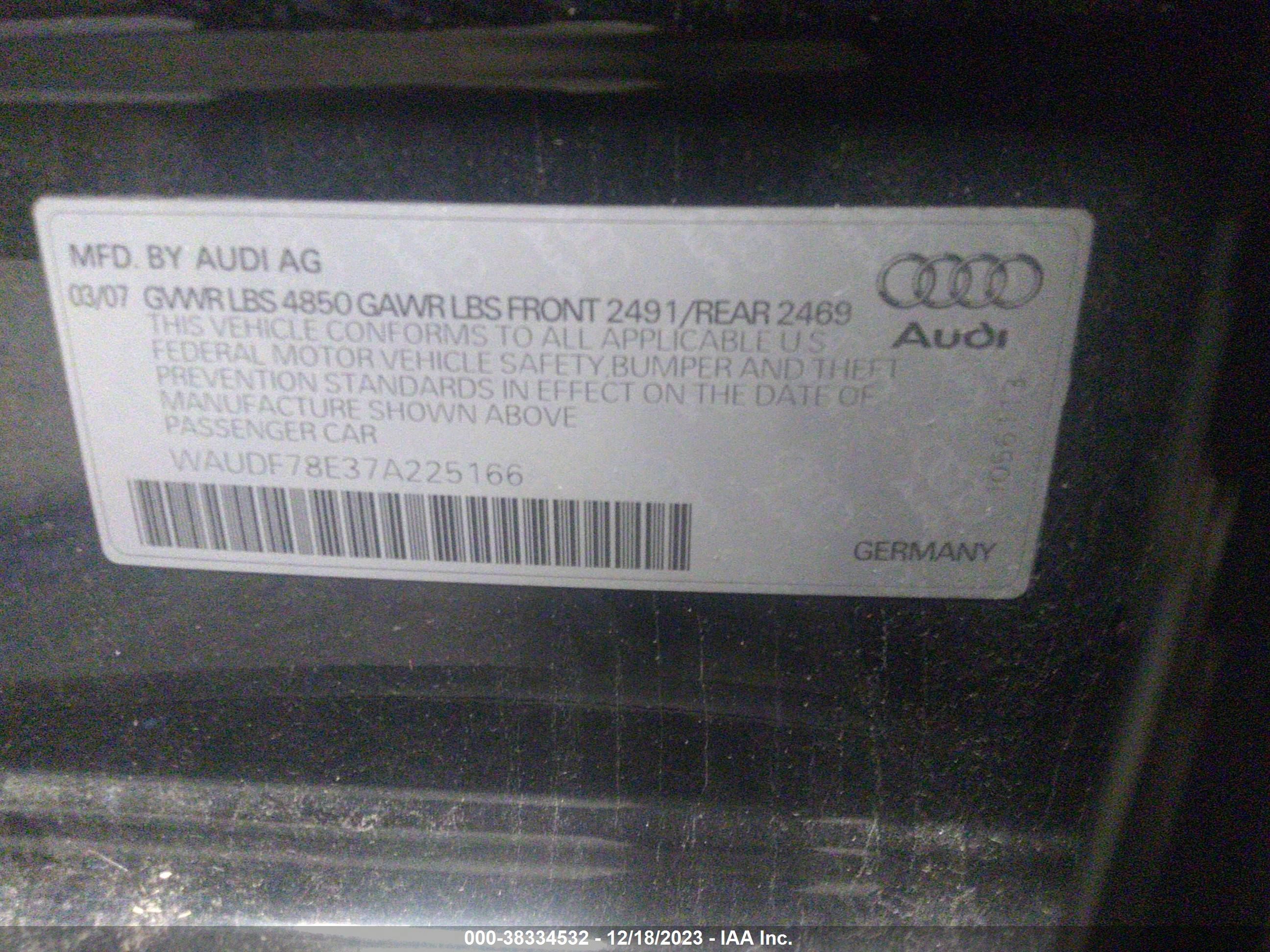 Photo 8 VIN: WAUDF78E37A225166 - AUDI A4 