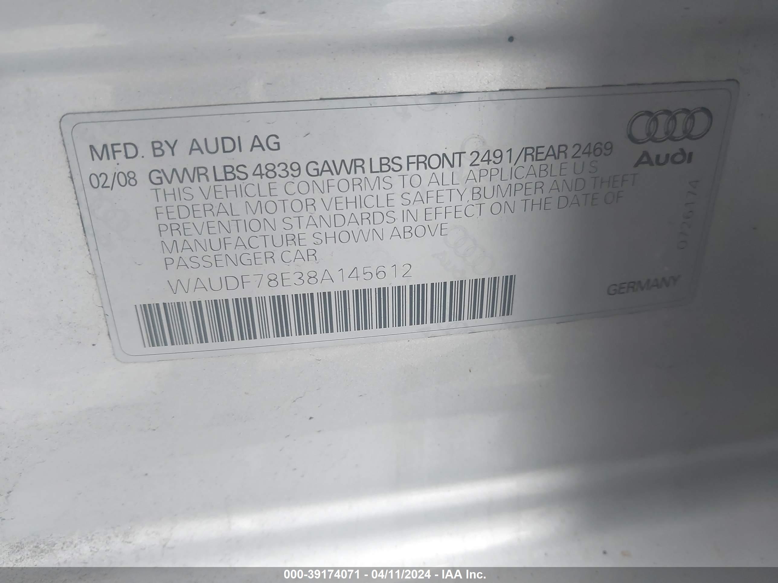 Photo 8 VIN: WAUDF78E38A145612 - AUDI A4 