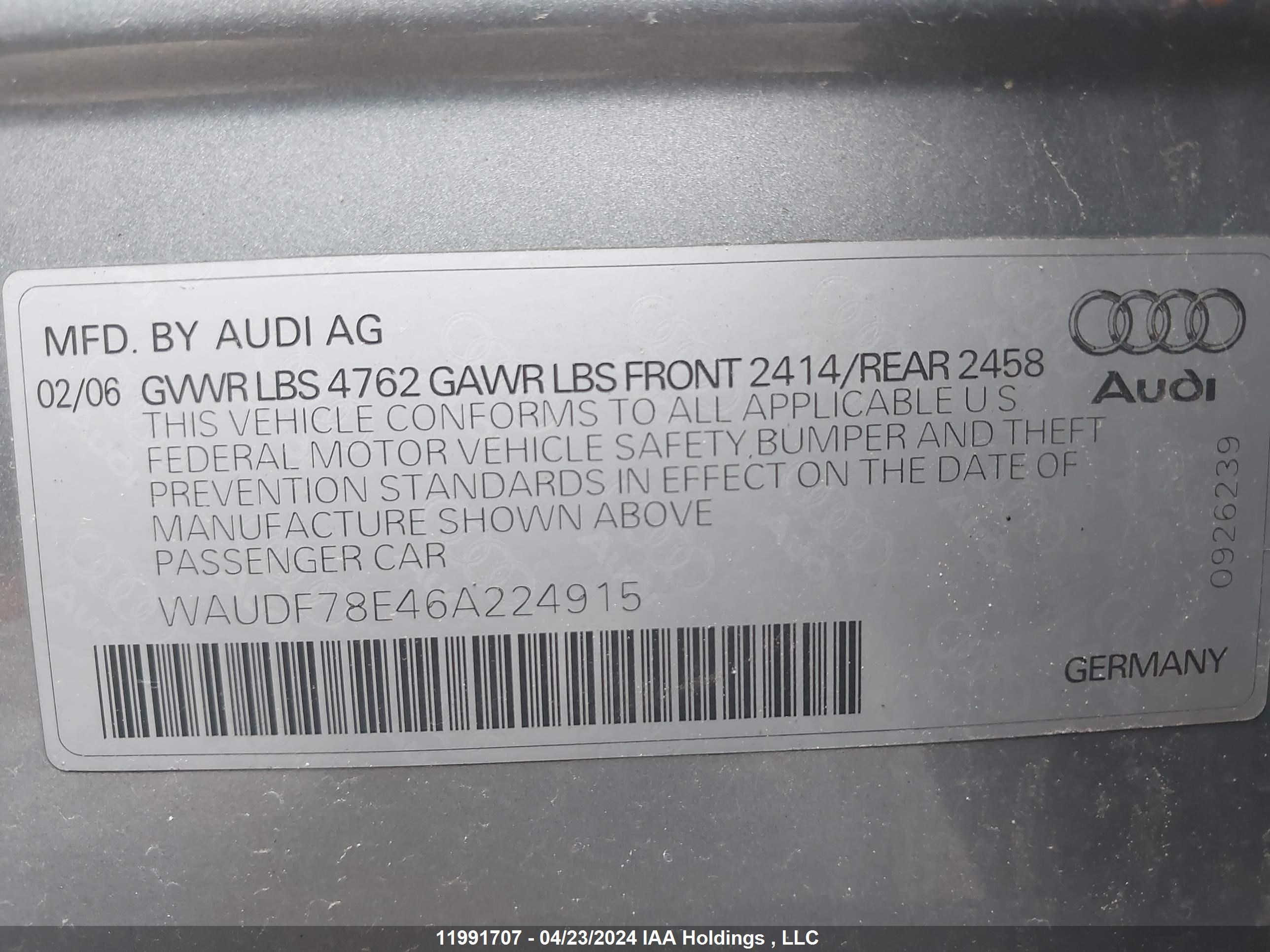 Photo 8 VIN: WAUDF78E46A224915 - AUDI A4 