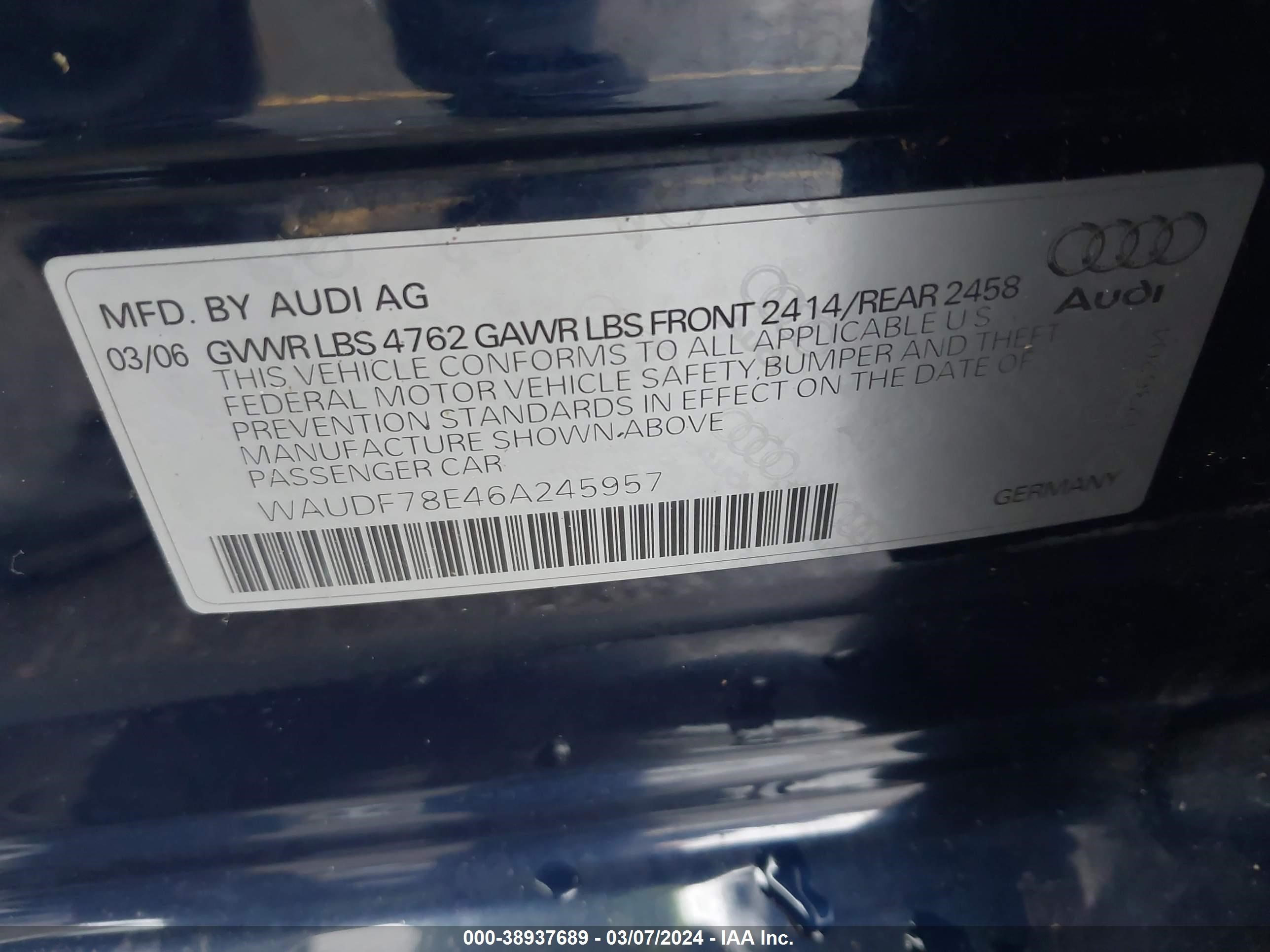 Photo 8 VIN: WAUDF78E46A245957 - AUDI A4 