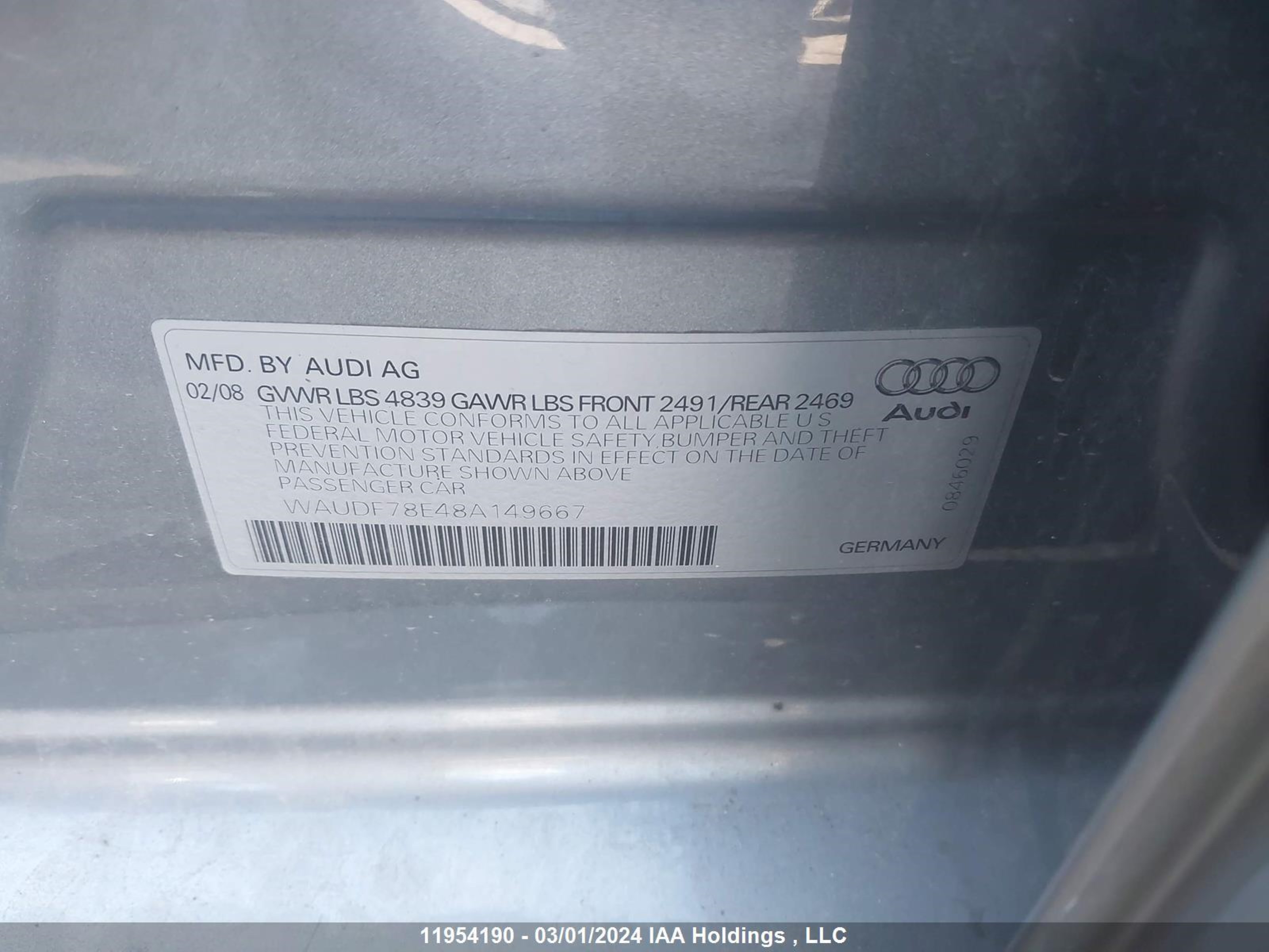 Photo 8 VIN: WAUDF78E48A149667 - AUDI A4 