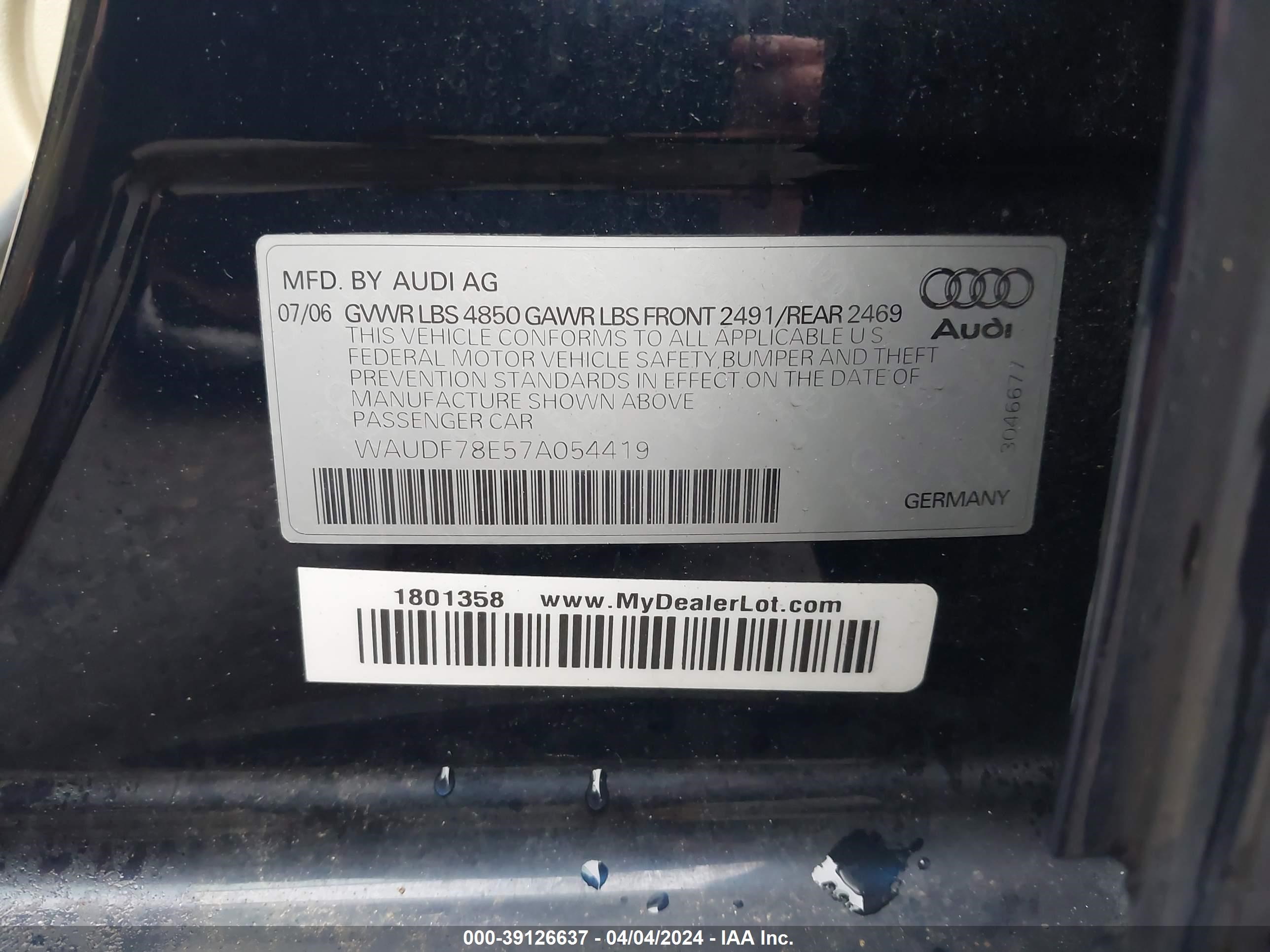 Photo 8 VIN: WAUDF78E57A054419 - AUDI A4 